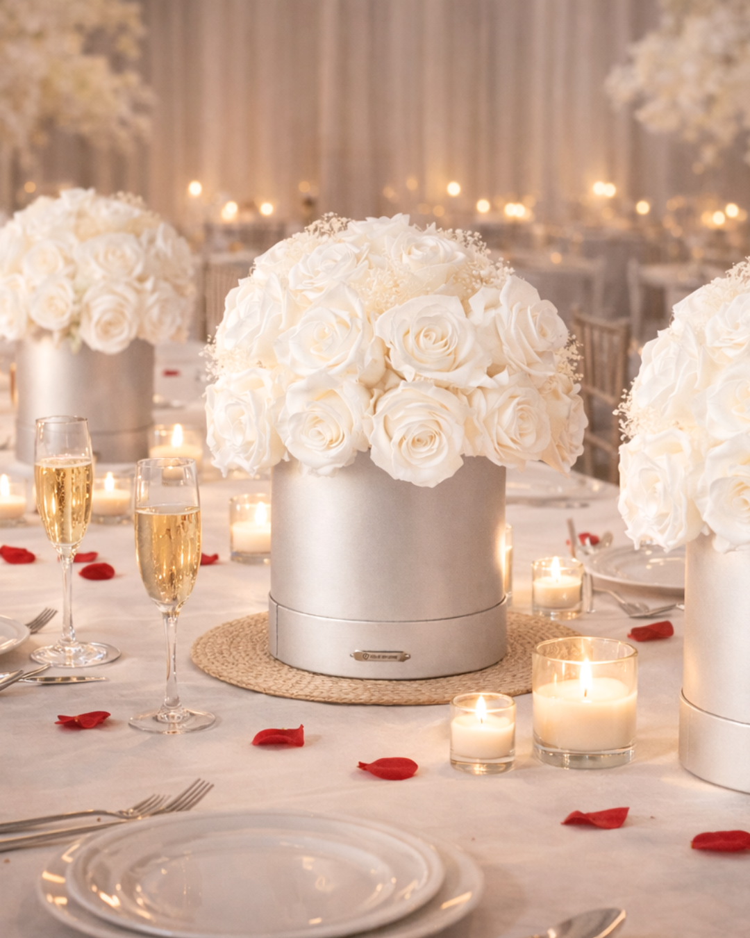 Decorative table setting with white preserved roses in silver containers, candles, and wine glasses.