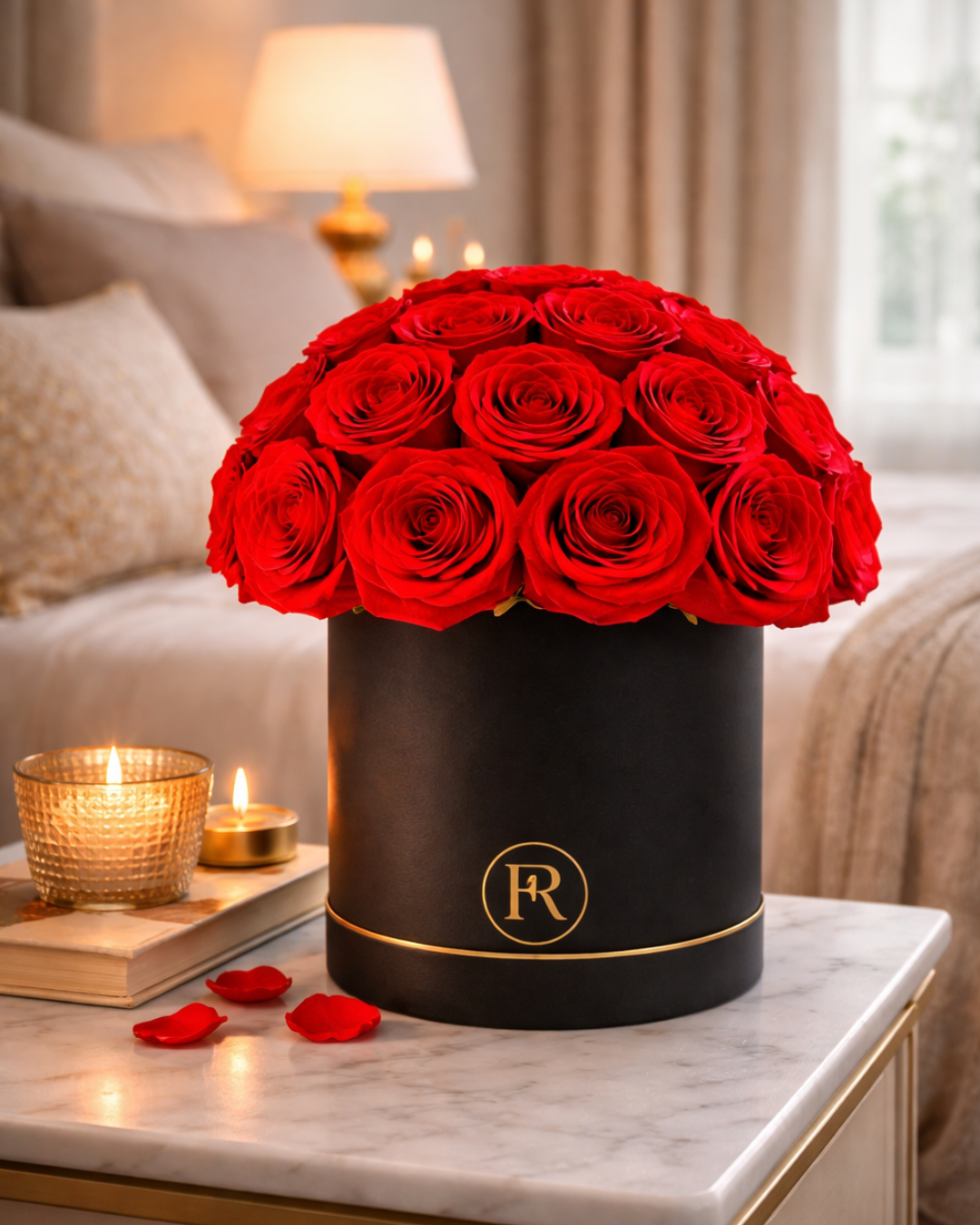Black box with red roses on a marble surface with candles and books in the background | Fleur Reverie | Austin TX