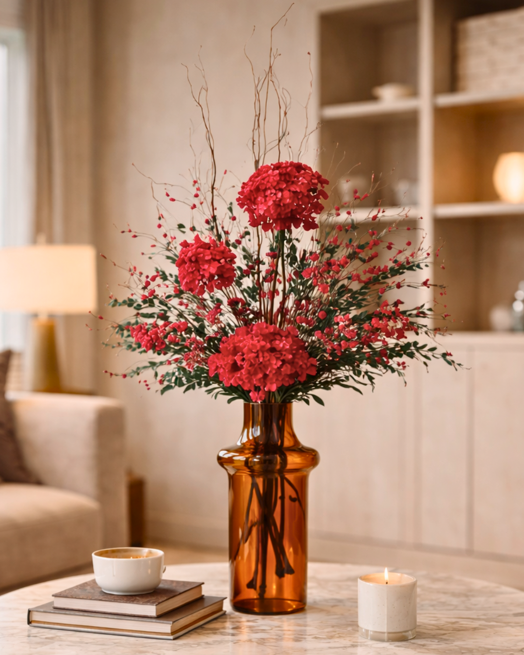 Bouquet of red preserved flowers in a brown vase on a table with a candle and books in a living room | Fleur Reverie | Austin TX