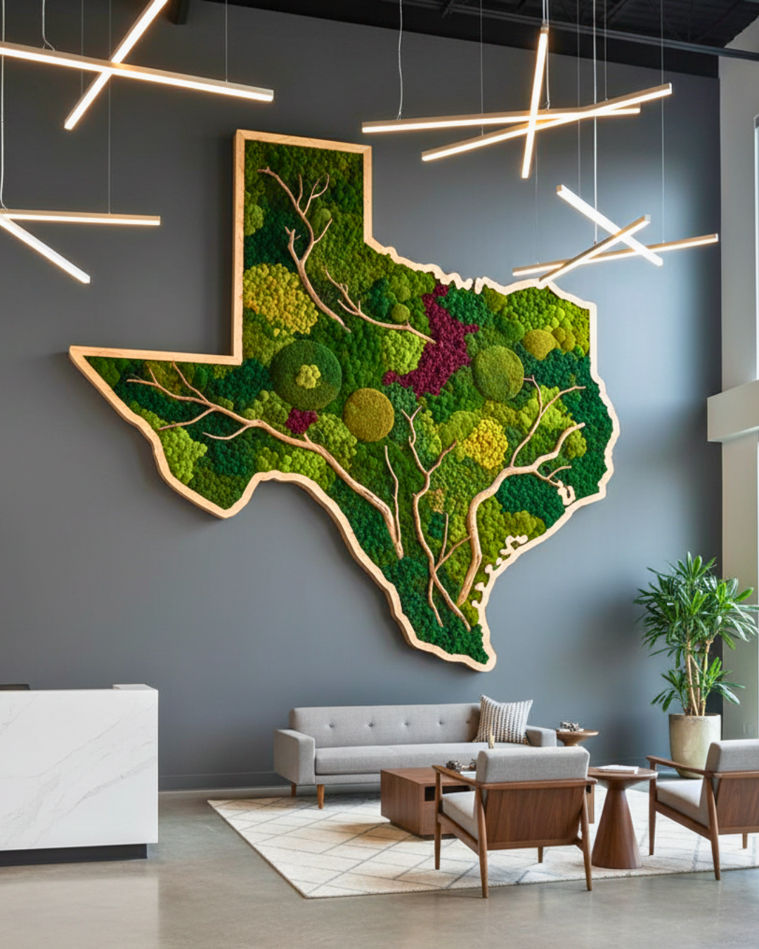 Living room with a large Texas-shaped wall art made of greenery