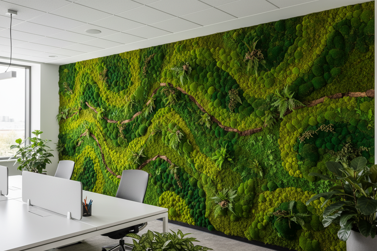 a vibrant moss wall art decorated in a large office wall | Fleur Reverie