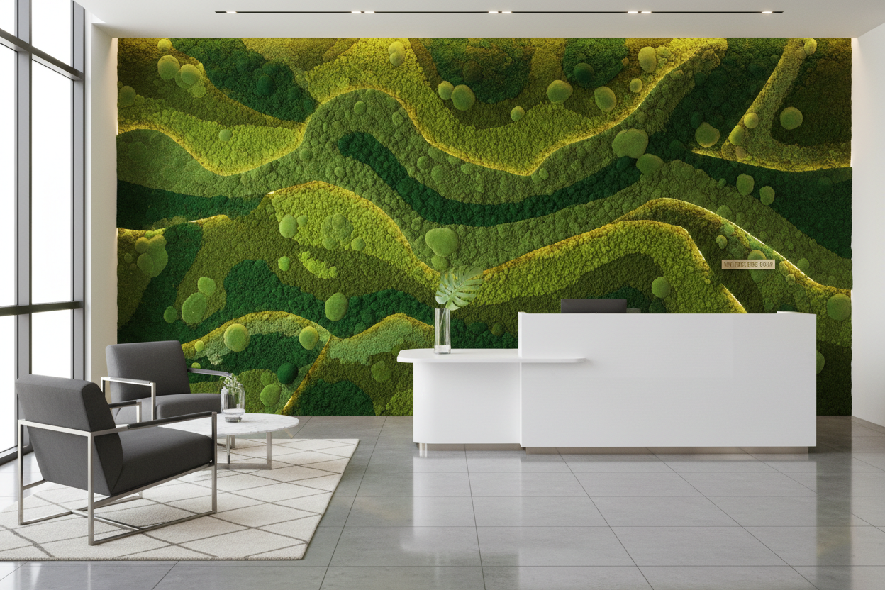 a vibrant moss wall in a reception area for a large office