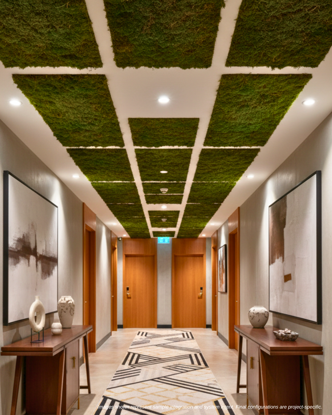 Modern hallway with preserved moss wall systems in modular moss panels and wooden furniture | Fleur Reverie
