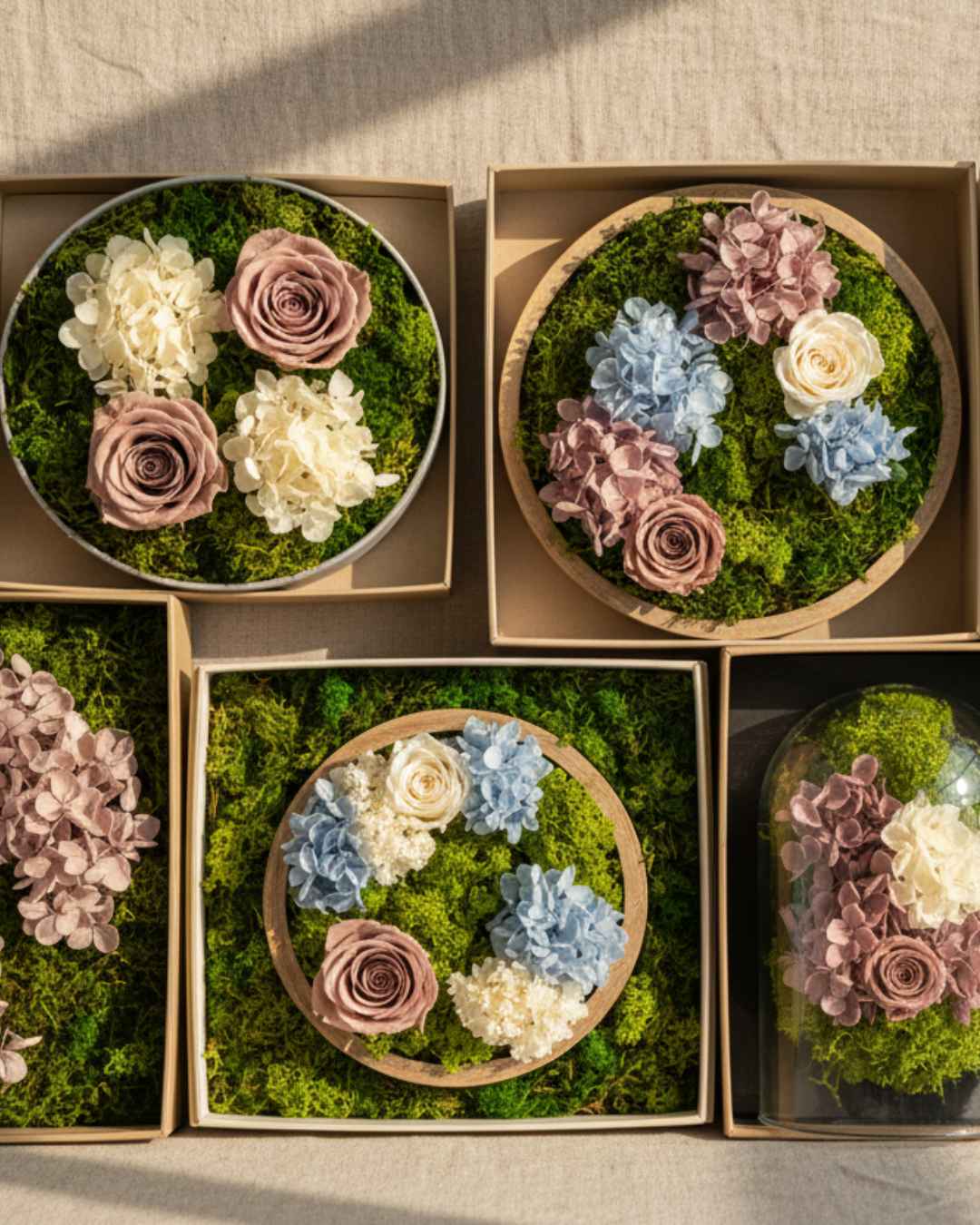 gift boxes in bulk preserved moss and flower arrangements in round wooden frames | Fleur Reverie | Austin TX