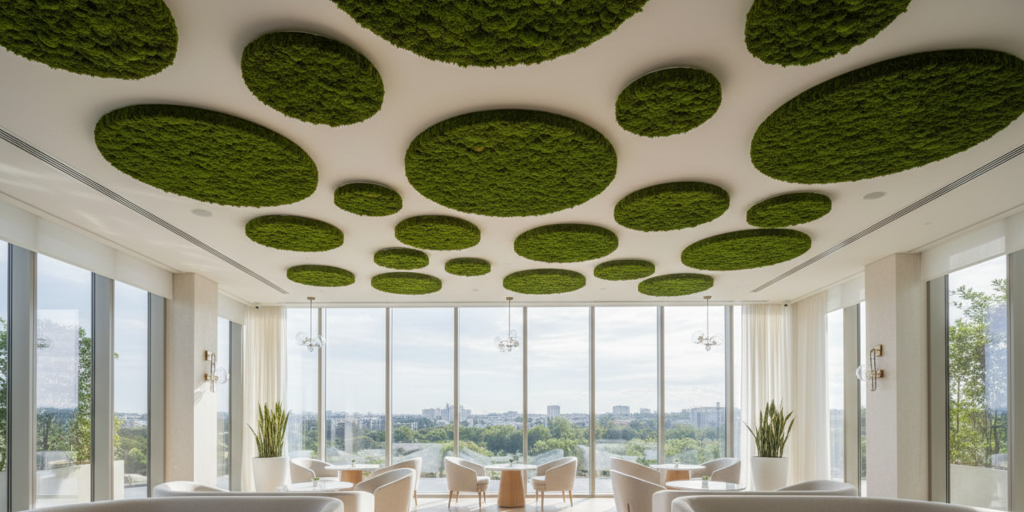 Biophilic moss ceiling panels in circular acoustic panels in a modern room with large windows.| Fleur Reverie