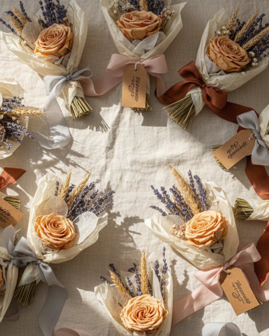 Bouquets of dried flowers with ribbons and tags on a textured surface | Fleur Reverie