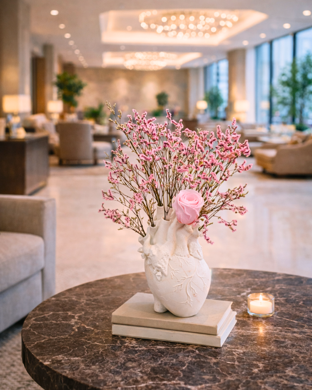 Decorative vase with pink dried flowers in a anatomical vase on a marble table in a stylish room.
