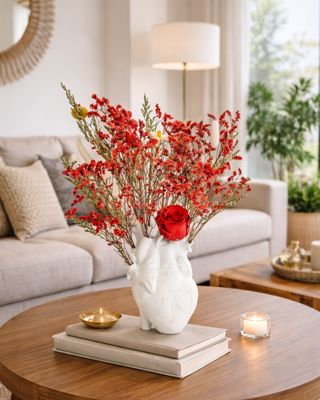 Decorative vase with red dried flowers on a coffee table in a living room| Fleur Reverie | Austin TX