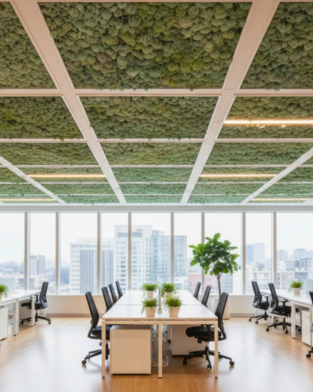 Modern office with green moss ceiling panels and cityscape view | Fleur Reverie