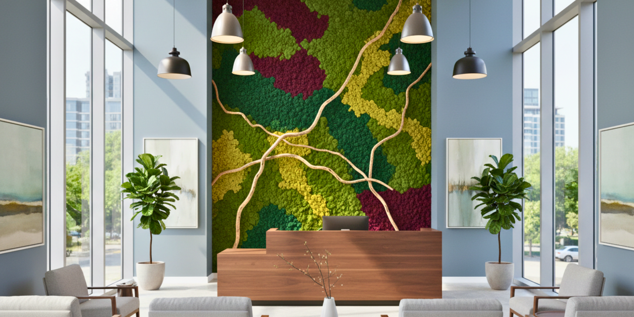 Modern office interior with a decorative preserved moss wall mural and large windows | Fleur Reverie