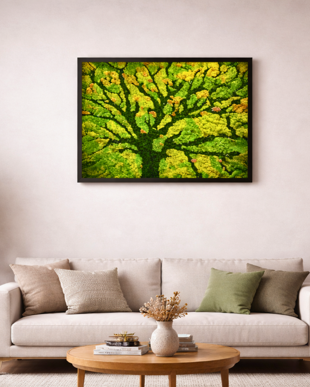Living room with a large preserved moss wall art of tree of life above a sofa Fleur Reverie | Texas USA