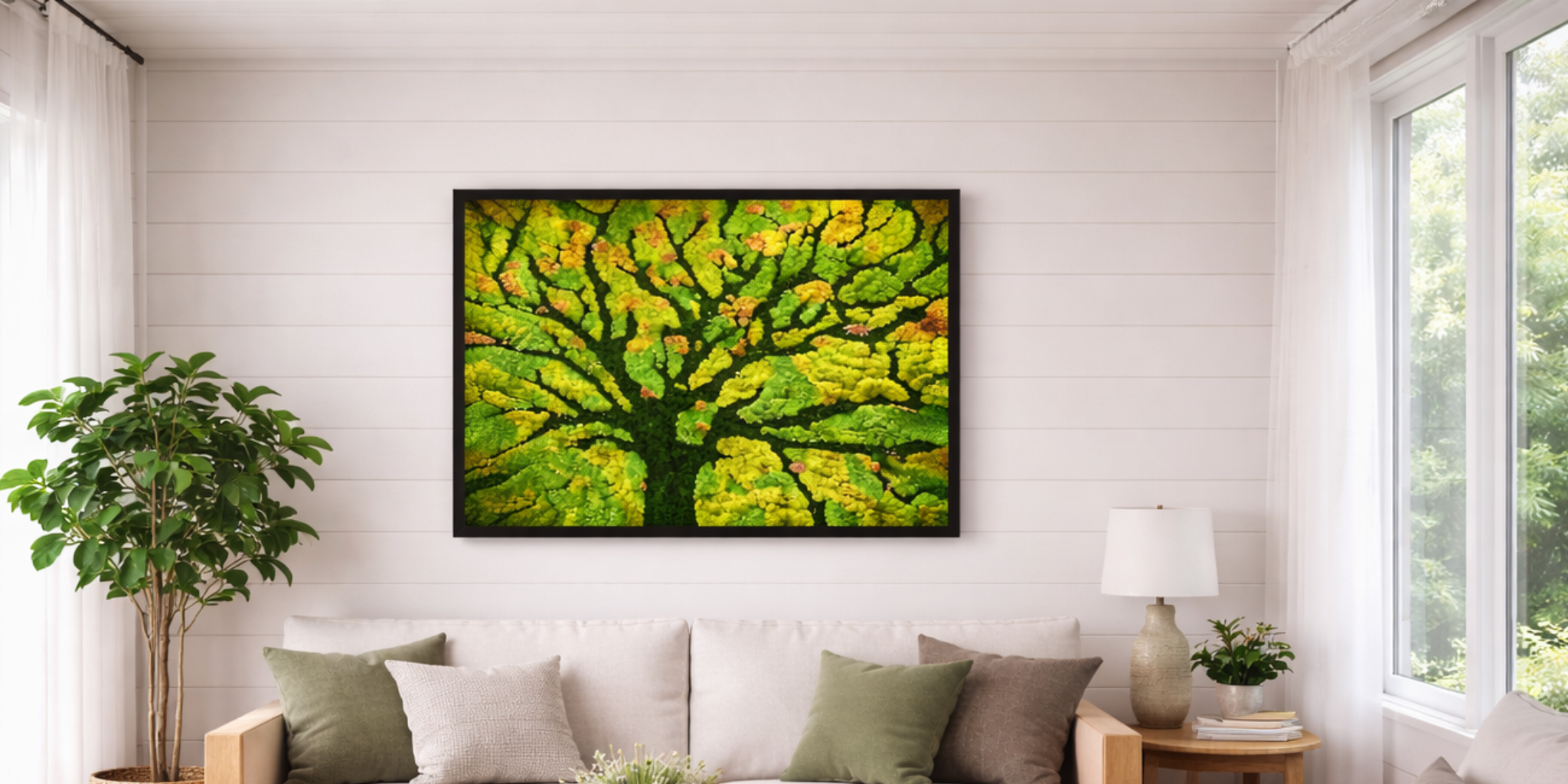 Framed abstract living moss artwork of a tree on a wall in a living room.