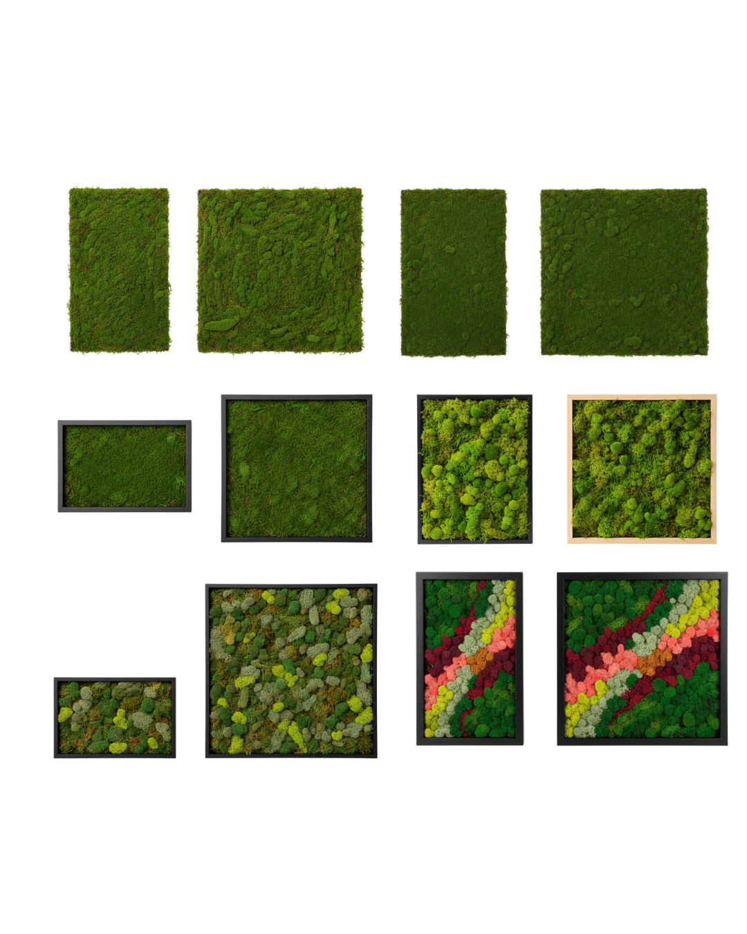 Collection of green textured square moss wall art panels on a white background | Fleur Reverie | Austin TX