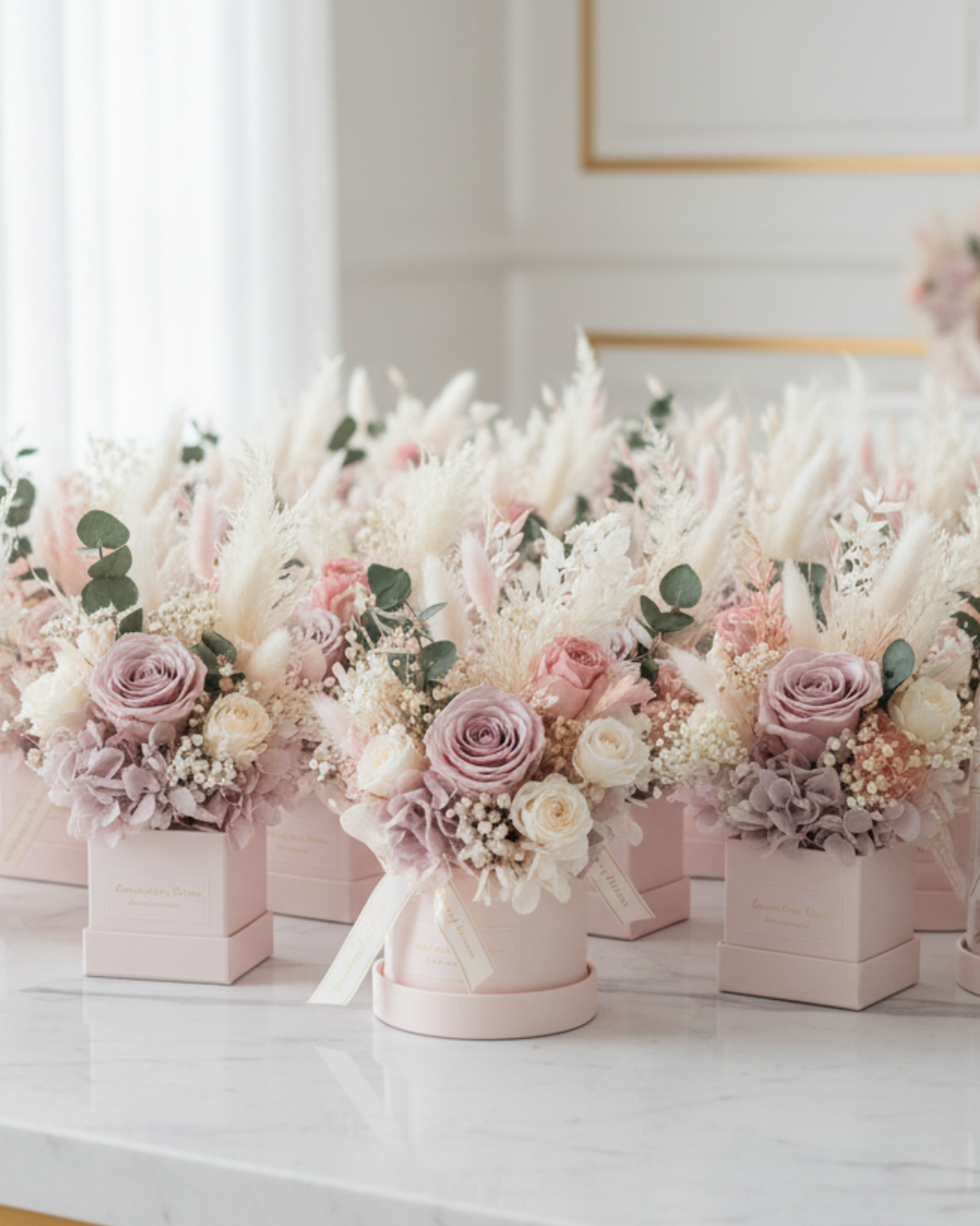 Decorative preserved floral arrangements in small pink pots on a white surface.|Fleur Reverie