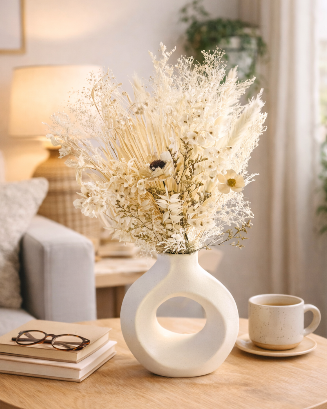 Decorative vase with dried flowers on a table in a living room setting