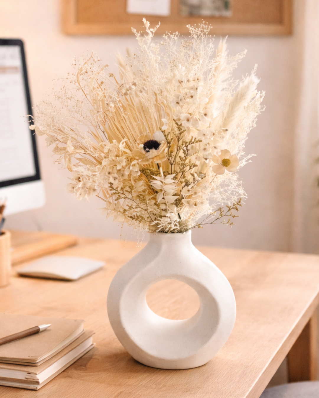 White vase with dried flowers on a wooden desk | Fleur Reverie