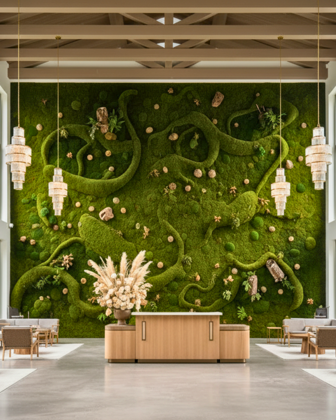 living preserved Moss wall with decorative elements in a modern interior setting | Fleur Reverie | Austin TX