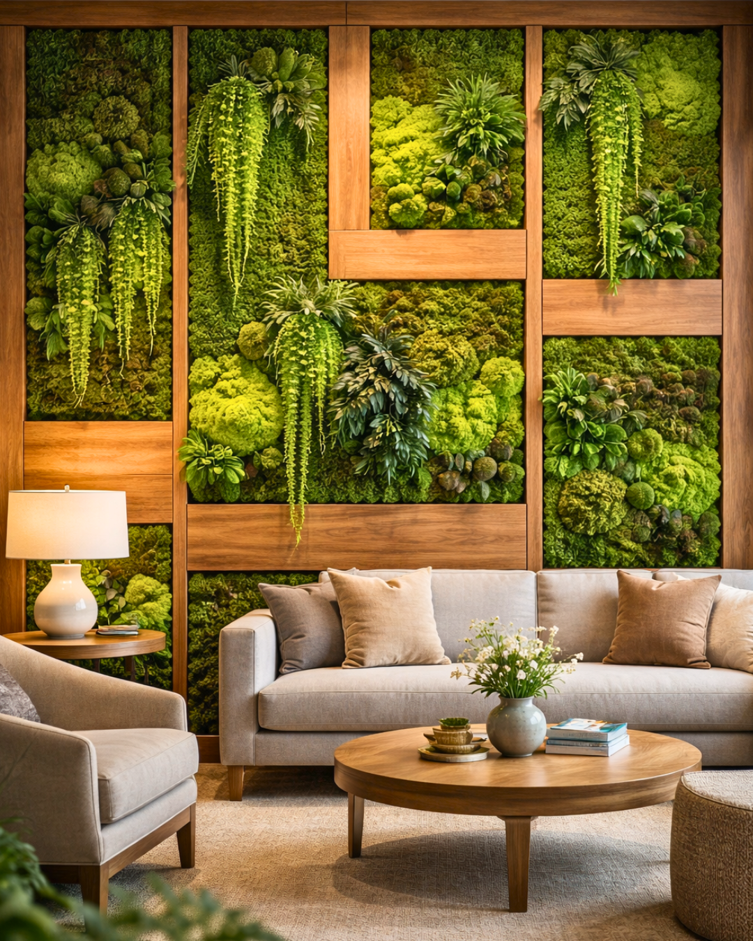 Living room with a green preserved moss wall made of plants and a beige sofa.