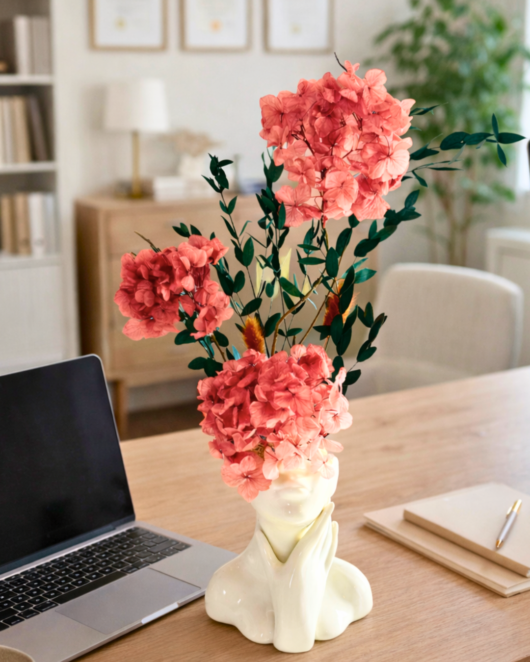 Red Preserved flowers in a vase on an office desk | Fleur Reverie | Austin TX
