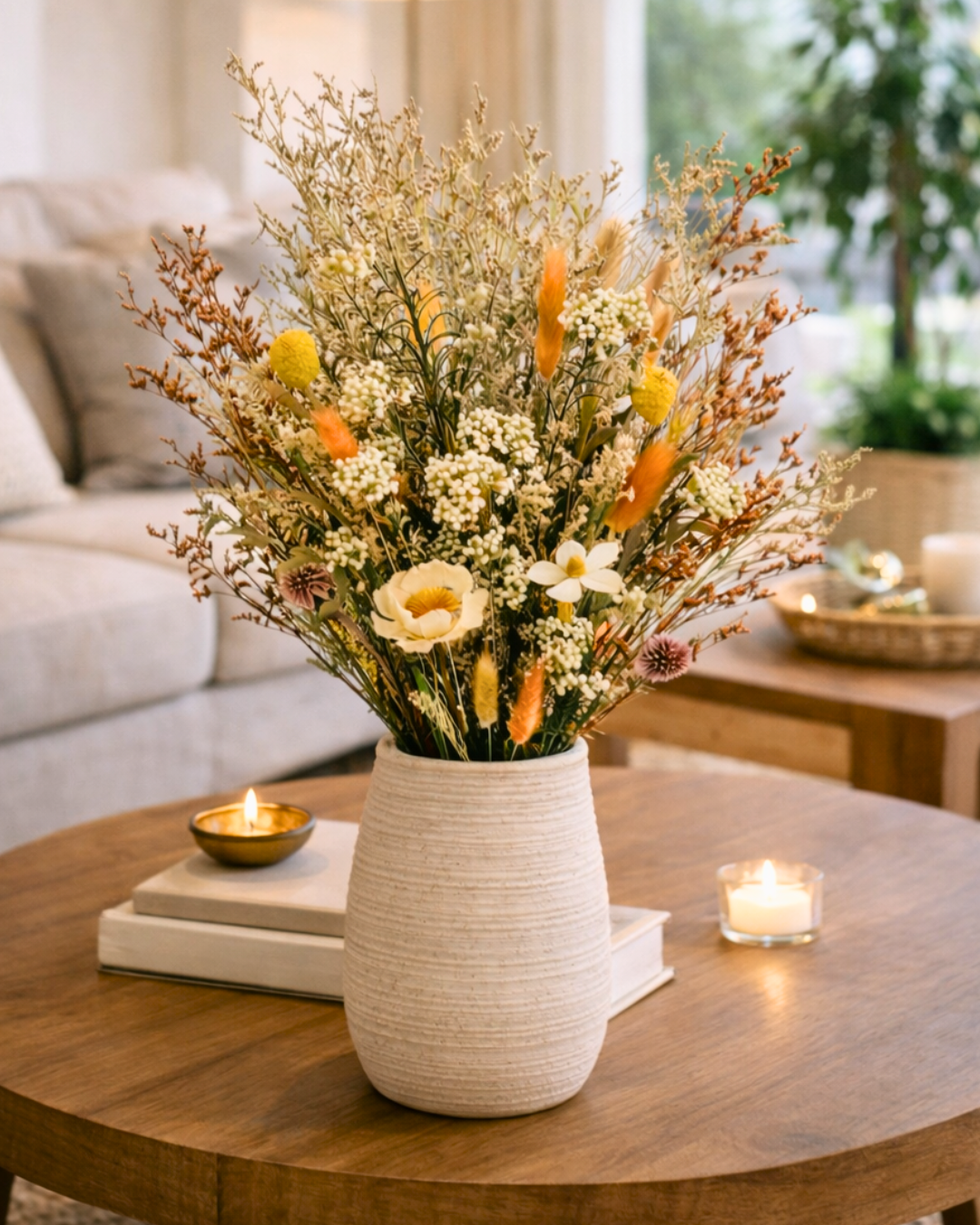Decorative vase with preserved wild flowers on a wooden table in a living room | Fleur Reverie | Austin TX