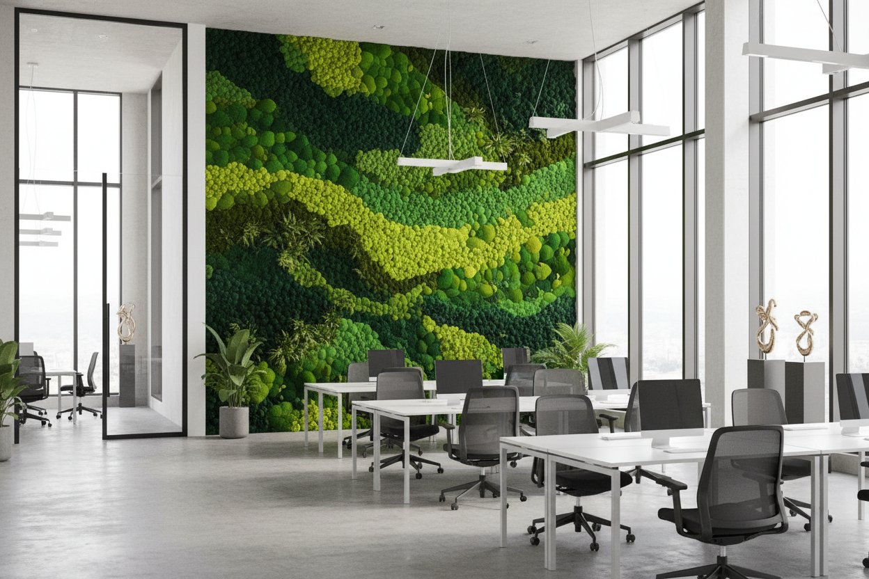 Show an office moss wall art with vibrant color in a large office room | Fleur Reverie