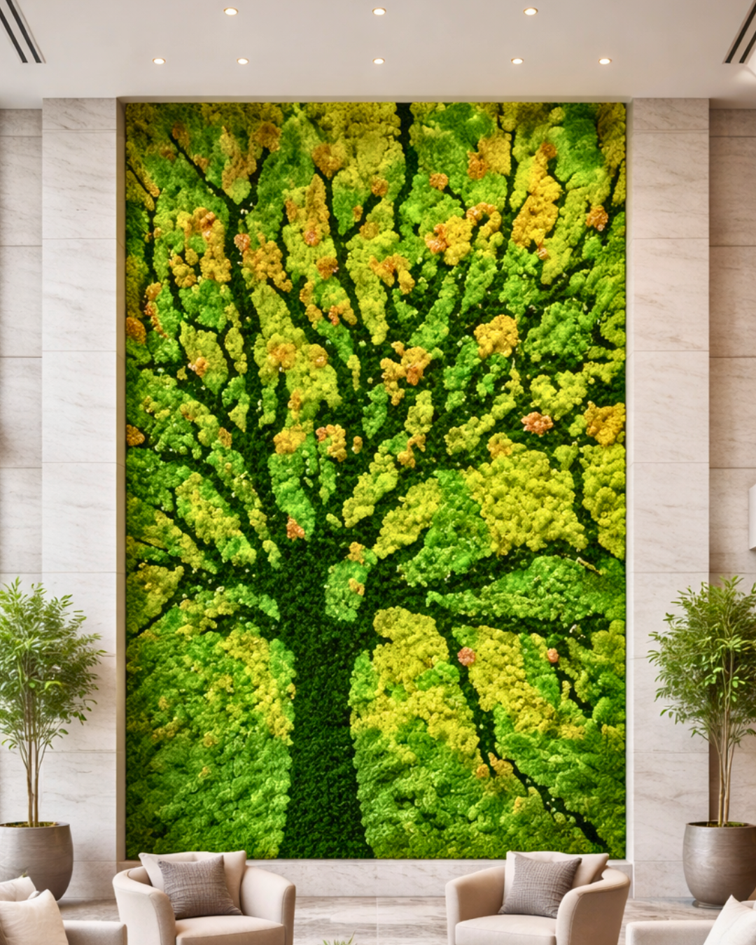 Super large preserved Moss wall art in a modern interior setting with chairs and plants | Fleur Reverie